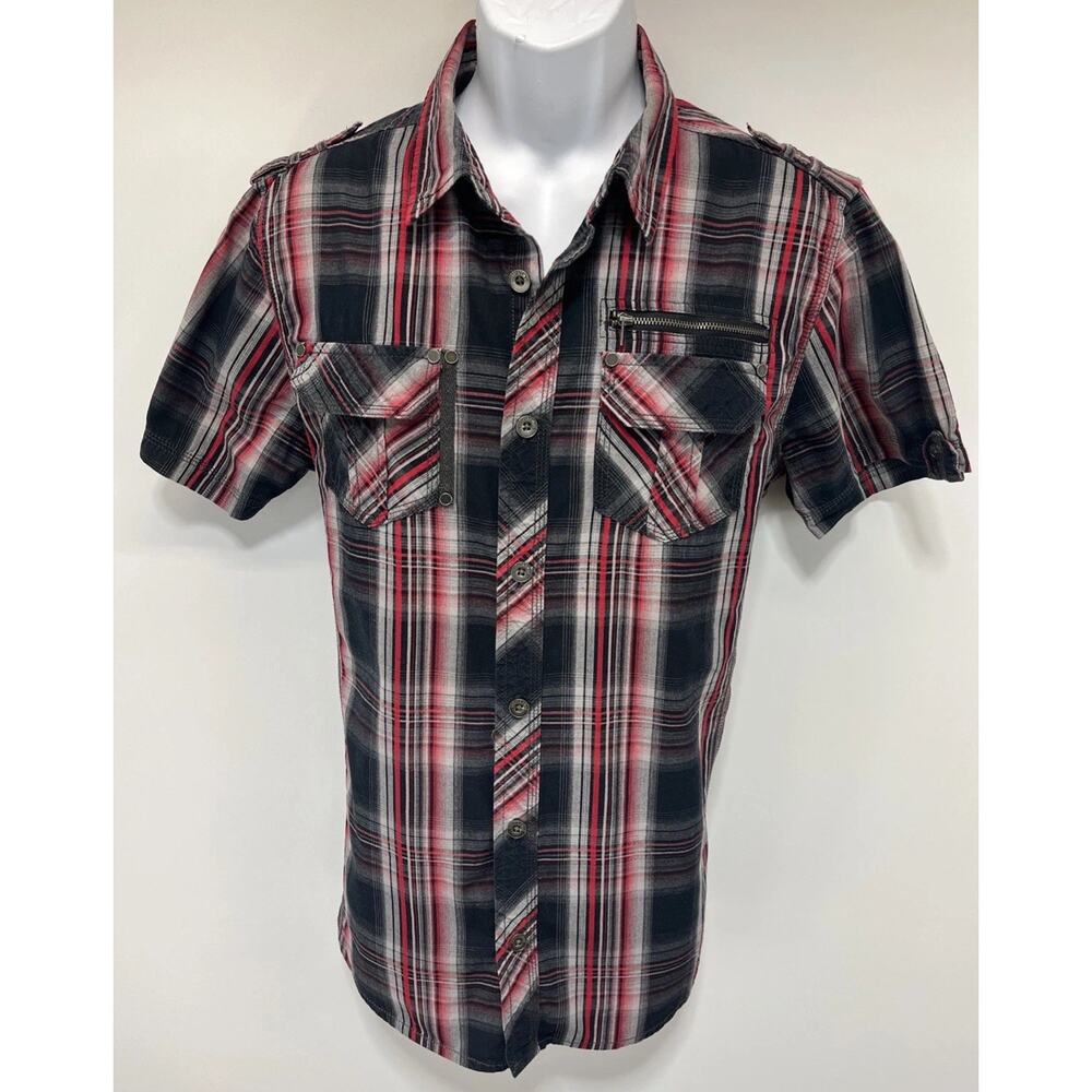 Rebel Soul Western Red Plaid Shirt Large Black Button Up Short Sleeve Mens
